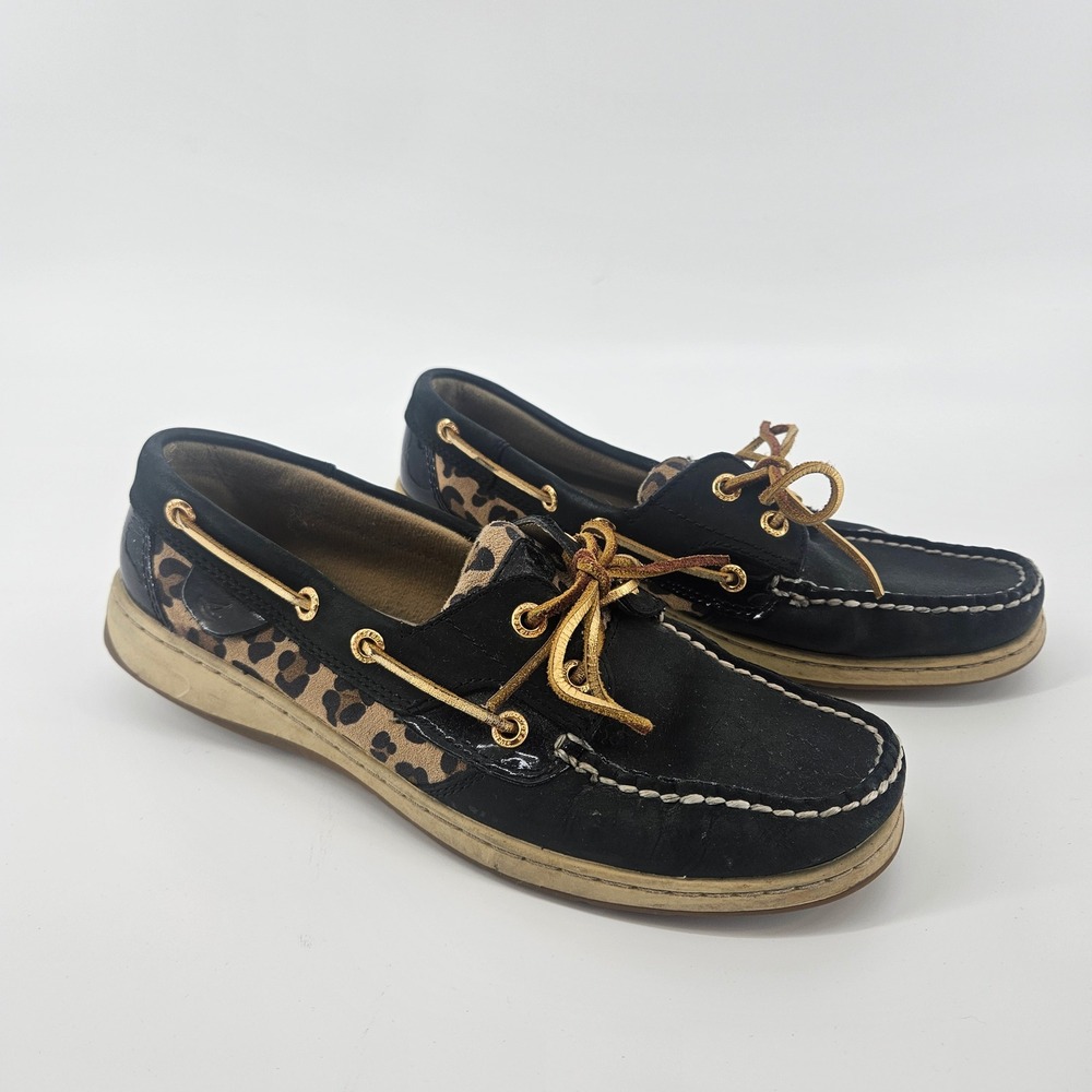 Sperry Top-Sider Women 7.5M Boat Shoes Black Leather Leopard Print